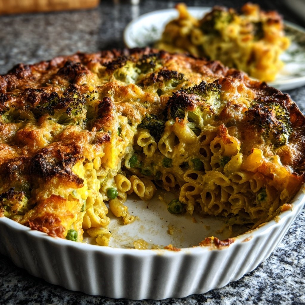 Vegetarischer Nudelauflauf mit Brokkoli und Erbsen